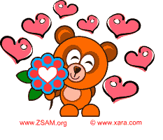süßer gezeichneter Bär mit Herz-Blume in der Hand und vielen Herzen herum